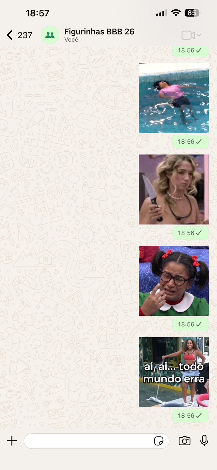 Print do WhatsApp com mais figurinhas do BBB 26 em grupo